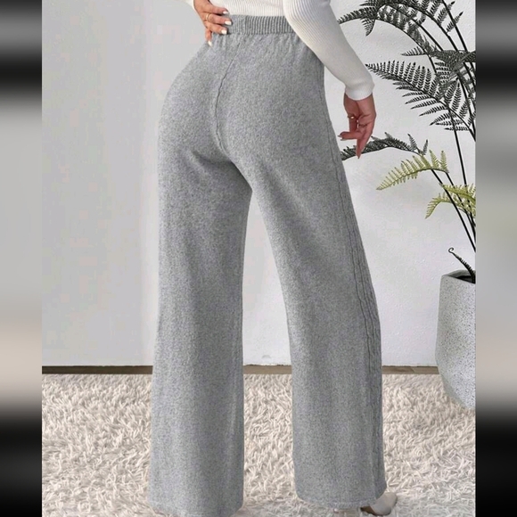 Casual Solid Color Drawstring Waist Wide Leg Knit Pants, Autumn/Winter - Picture 2 of 4